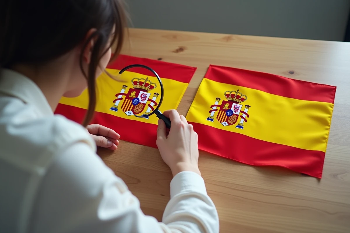 Comparaison entre un drapeau espagnol correct et une version avec erreurs de couleur, examinée sur une table en bois