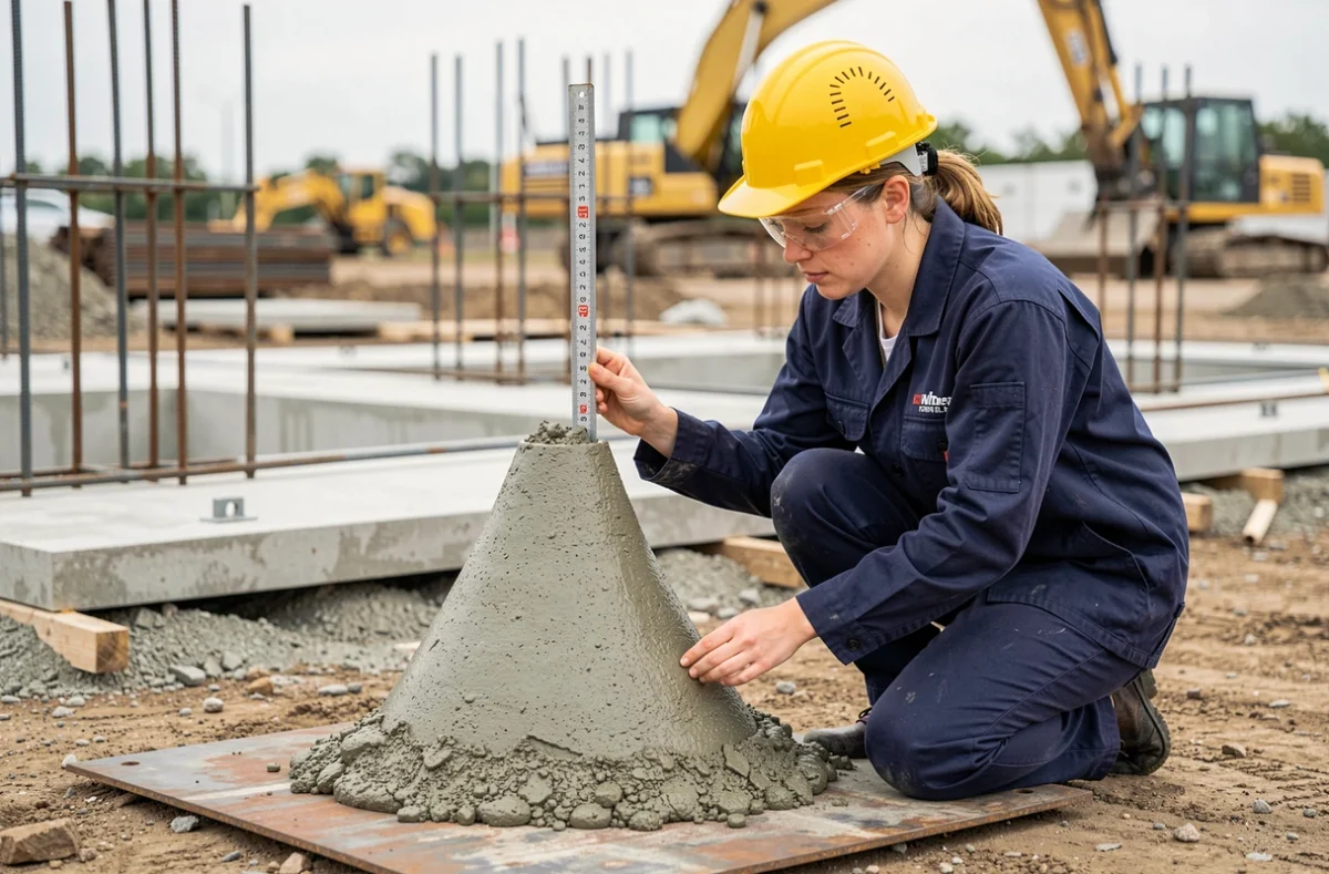Technicienne réalisant un essai d'affaissement au cône d'Abrams pour contrôler la consistance et le dosage du béton sur chantier
