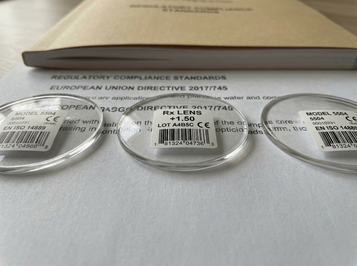 Gros plan sur des étiquettes de conformité apposées sur des verres optiques posés sur un document réglementaire