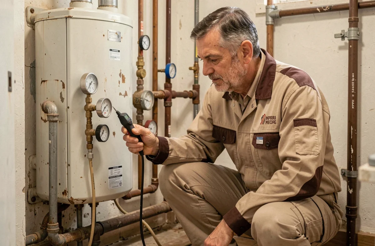 Technicien des Ets Jeunon SARL vérifiant les manomètres d'une ancienne chaudière à gaz dans un local technique résidentiel