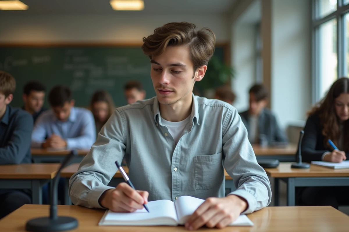 Étudiant en journalisme se préparant à une carrière de présentateur dans une salle de cours universitaire spécialisée