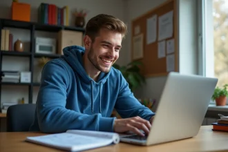 Etudiant universitaire souriant devant son ordinateur dans sa chambre