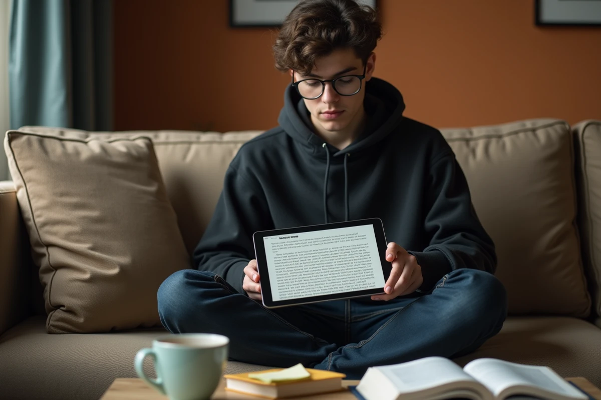 Étudiant résumant un document avec un outil chat GPT gratuit sur une tablette depuis son appartement