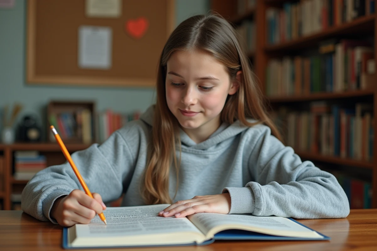 Étudiante révisant l'histoire romaine avec un manuel scolaire ouvert sur le bureau, prenant des notes pour le Brevet ou le Bac
