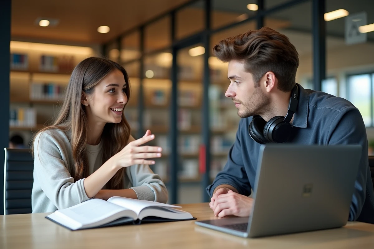 Deux étudiants discutant de la différence entre écouter et entendre dans une bibliothèque universitaire