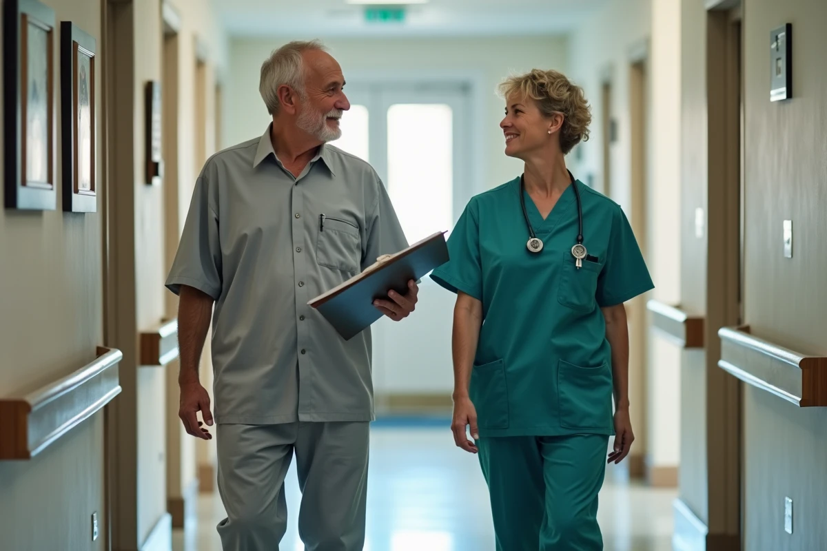 Évaluateur externe inspectant les couloirs d'un établissement médico-social à Bordeaux avec une coordinatrice de soins