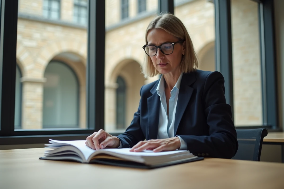 Professionnelle évaluant des documents d'évaluation ESSMS dans un établissement médico-social à Bordeaux