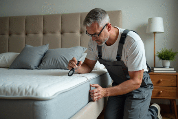 Expert en lutte antiparasitaire examinant un matelas