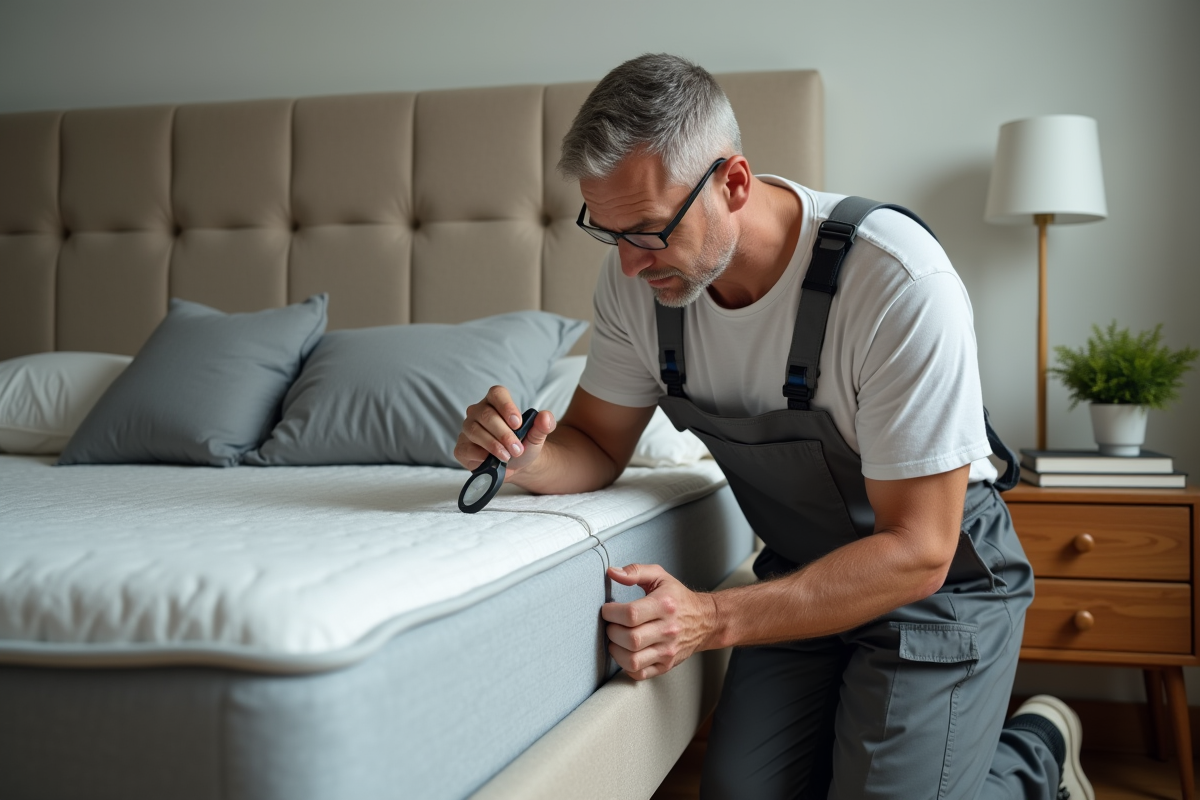 Expert en lutte antiparasitaire examinant un matelas