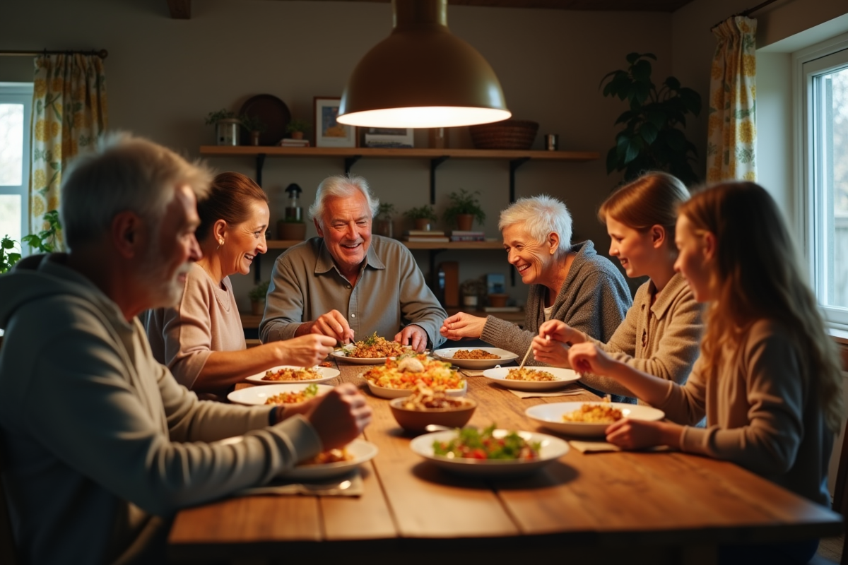 Famille multigenerational partageant un repas convivial
