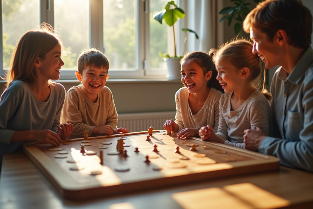 Famille moderne jouant au jeu de goé dans un salon lumineux