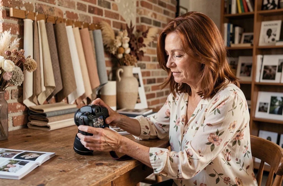 Faure Joëlle, photographe, dans son studio chaleureux et décoré avec soin, consultant ses clichés sur son appareil