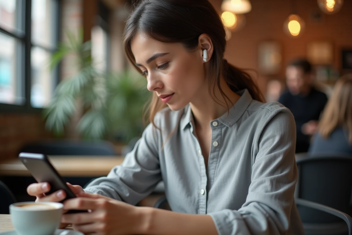 Femme utilisant une application de messagerie vocale tierce dans un café moderne