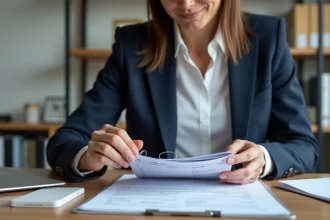 Femme en blazer navy assemble des documents pour un recours