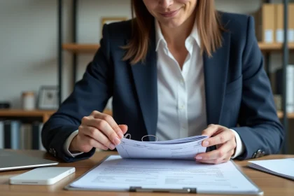Femme en blazer navy assemble des documents pour un recours