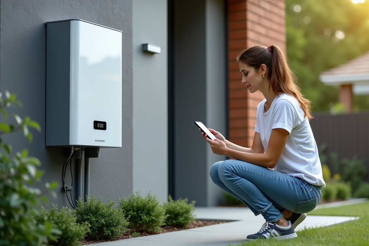 Jeune femme regardant un système de batterie domestique dans un jardin