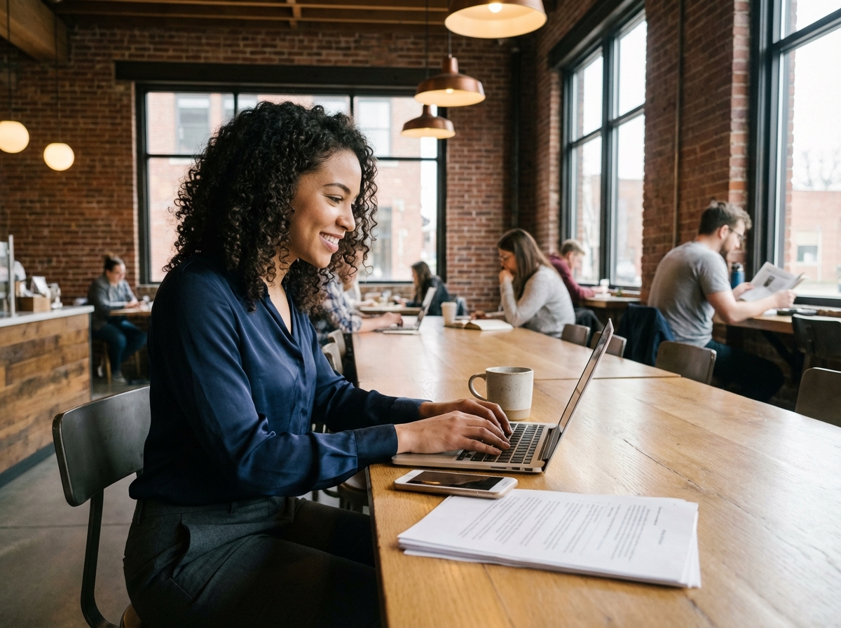 Femme d affaires travaillant sur son ordinateur dans un café convivial