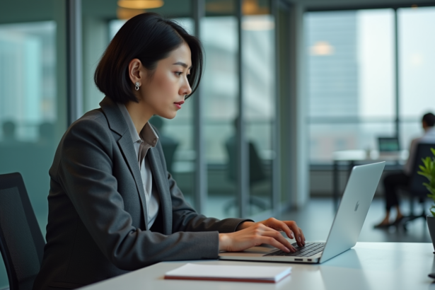 Femme d'âge moyen au bureau avec ordinateur portable