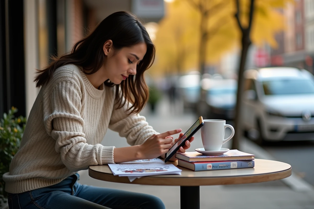 Femme lisant un scan manga sur tablette dans un café en extérieur