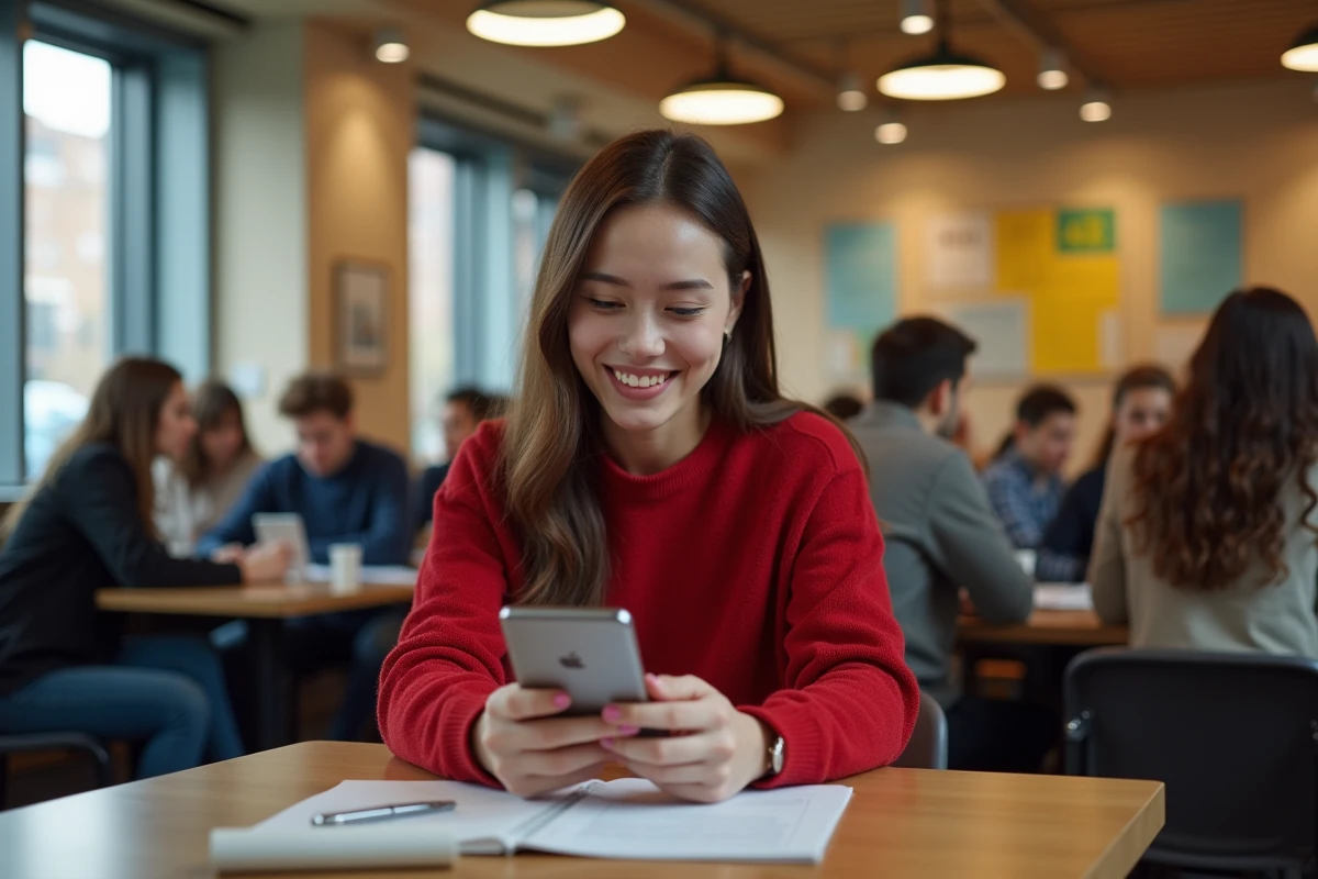 Jeune femme utilisant son smartphone dans une cafetéria universitaire