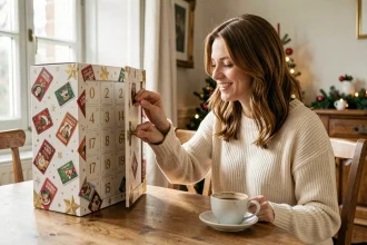 Femme ouvrant une case d'un calendrier de l'avent FDJ 2026 commandé en ligne, assise dans un appartement chaleureux décoré pour les fêtes