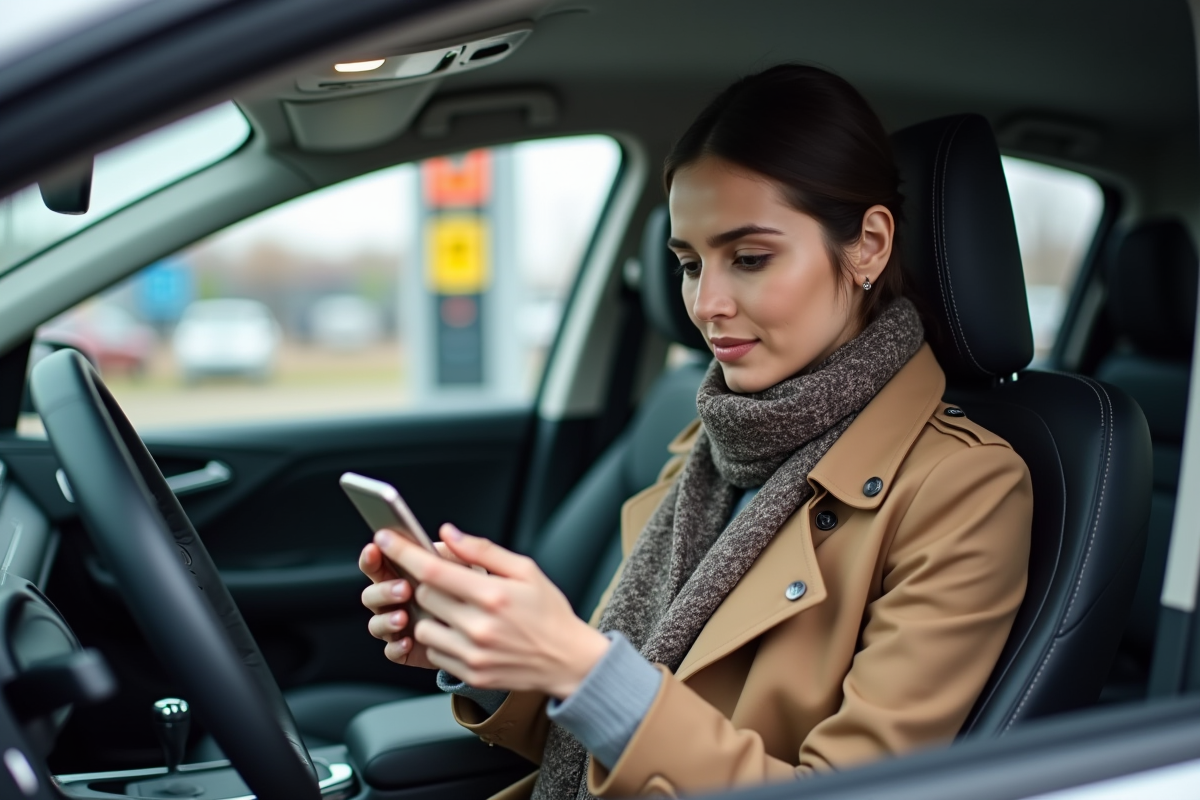 Femme dans sa voiture compare prix hydrogene sur smartphone