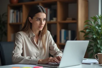 Femme adulte consultant des documents de politique de contenu sur un ordinateur portable dans un bureau à domicile