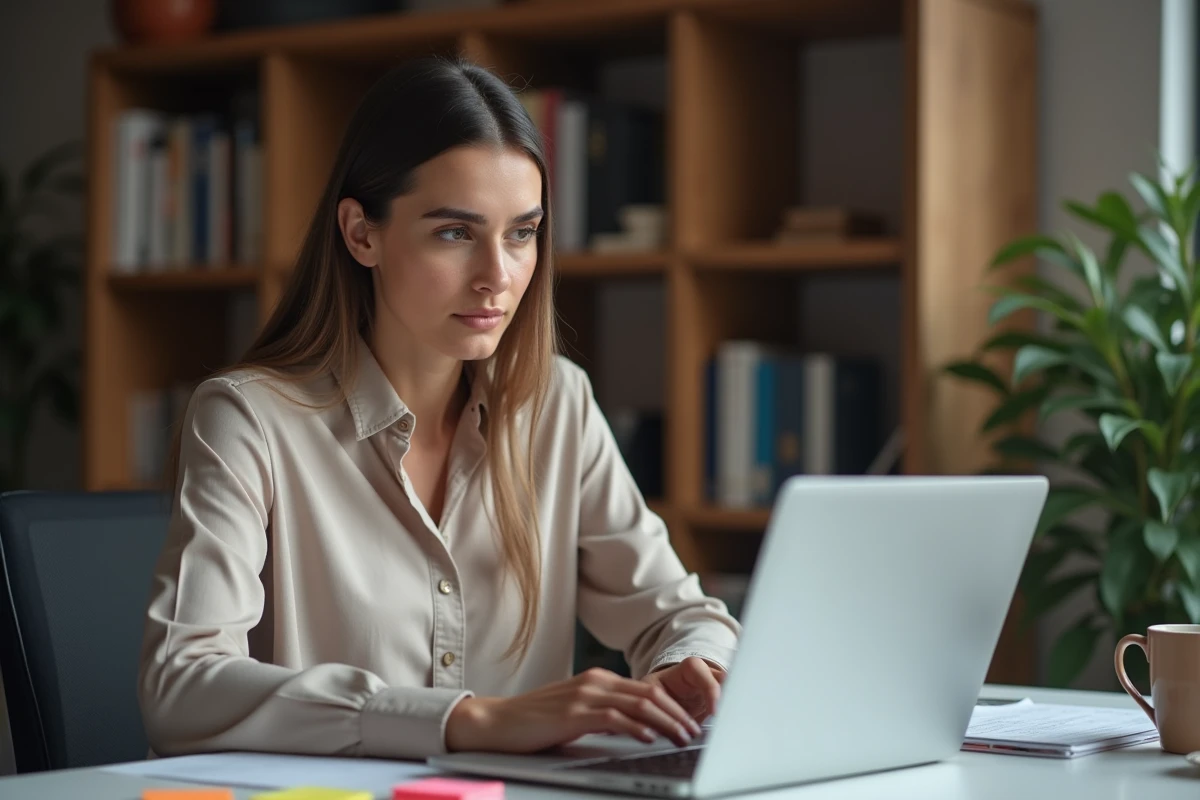Femme adulte consultant des documents de politique de contenu sur un ordinateur portable dans un bureau à domicile