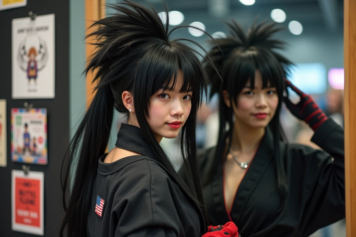 Jeune femme ajustant son cosplay Black Goku devant un miroir
