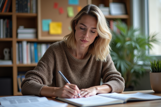 Femme en tenue décontractée esquissant dans un grand carnet