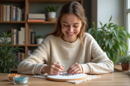 Femme souriante posant des diamants en résine sur une toile