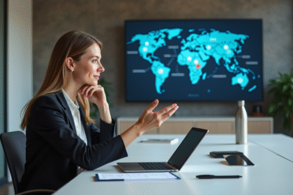 Femme d'affaires en réunion avec diagramme digital