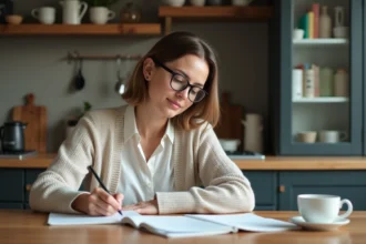 Femme écrivant dans un carnet dans une cuisine chaleureuse