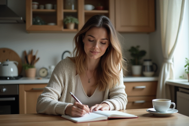 Femme écrivant dans un journal dans un intérieur cosy