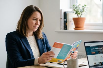 Femme en formation dans un bureau moderne et accueillant