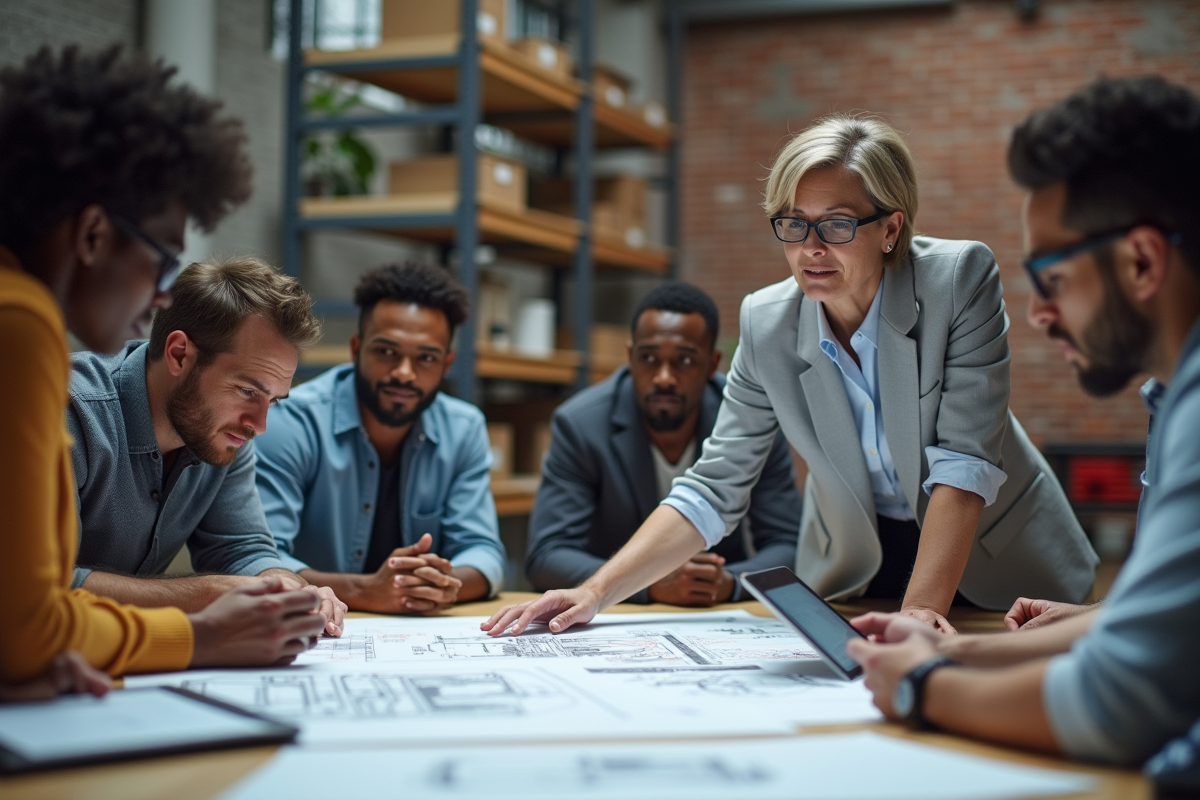 Ingénieure femme en discussion avec un groupe en atelier