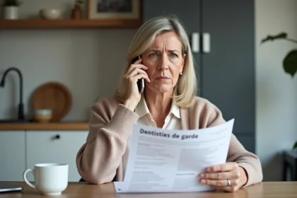 Femme inquiète parlant au téléphone dans la cuisine belge