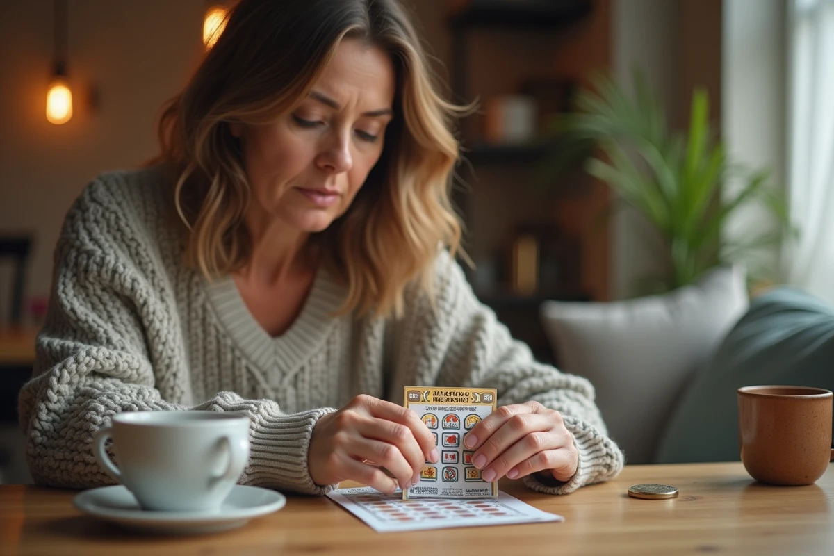 Femme tenant un jeu à gratter FDJ en train de jouer à la maison en 2026