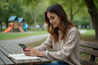 Femme en sweater jouant sur smartphone dans un parc
