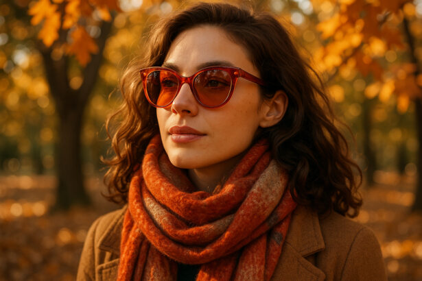 Femme à la mode avec lunettes colorées en automne