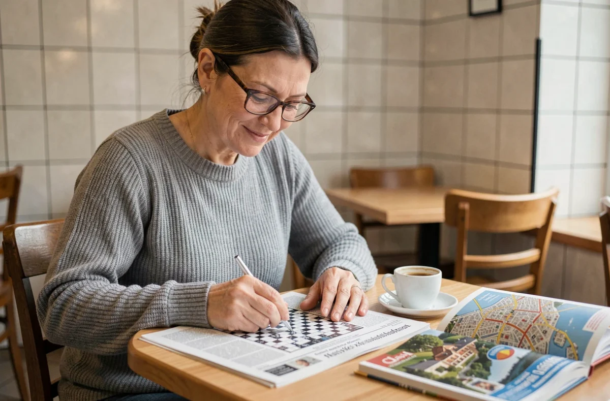 Femme remplissant des mots fléchés dans un café avec un guide touristique de la Hongrie ouvert à côté