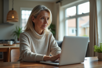 Femme d'âge moyen analysant un site immobilier sur son ordinateur