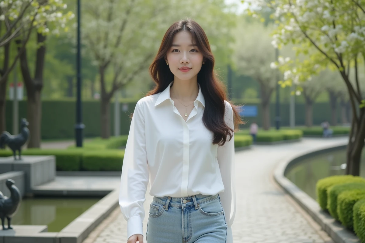 Femme asiatique marche dans un parc paisible