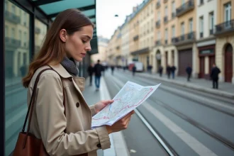 Femme consultant le plan du réseau tram TBM à un arrêt de tramway de Bordeaux