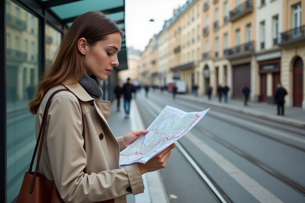 Femme consultant le plan du réseau tram TBM à un arrêt de tramway de Bordeaux