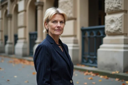 Femme politique française en blazer marine devant un bâtiment institutionnel parisien, regard déterminé