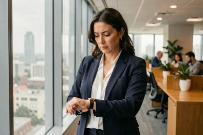 Femme professionnelle regardant sa montre affichant 14h41 dans un bureau moderne, exprimant une réflexion sur son avenir professionnel