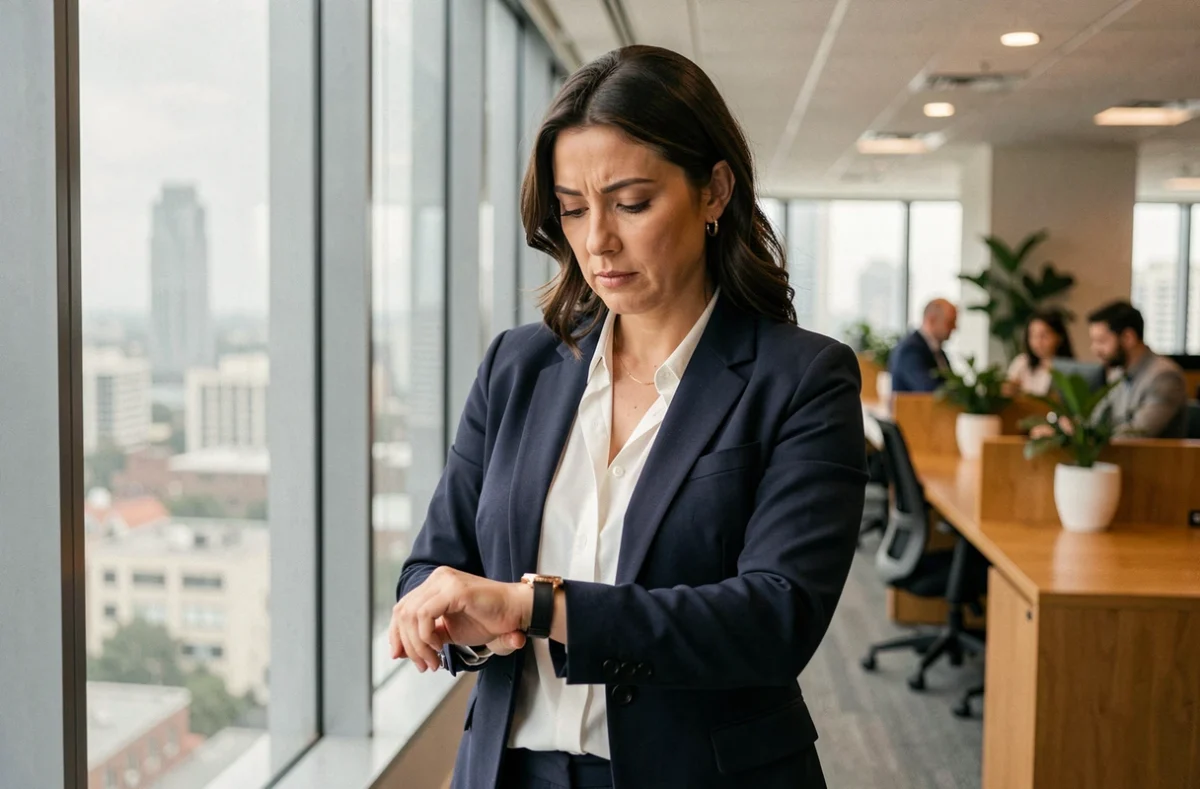 Femme professionnelle regardant sa montre affichant 14h41 dans un bureau moderne, exprimant une réflexion sur son avenir professionnel
