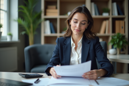 Femme professionnelle en blazer bleu examine documents de prêt immobilier