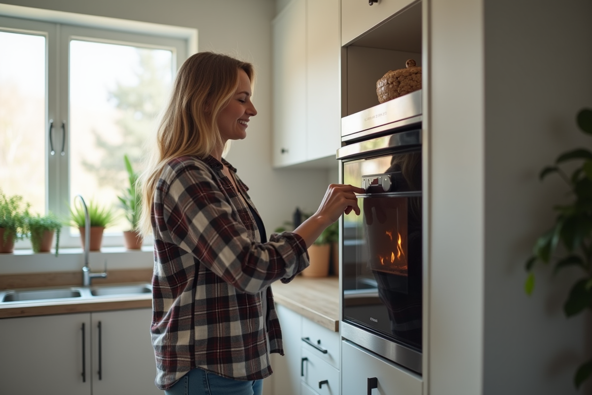 Femme souriante réglant un poêle à pellets dans une cuisine moderne